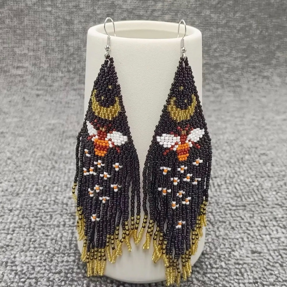 Handcrafted Moon & Butterfly Seed Beads Fringe Earrings - Mio